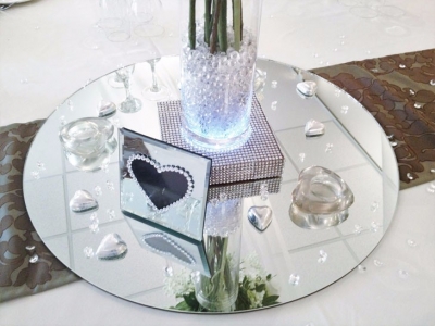 Mirror, crystal centrepiece with silk floral arrangment in pillar vase $POA
