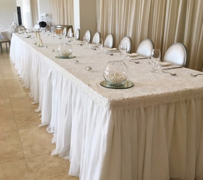 Premium damask tablecloth, skirting and pearl trim $165.00